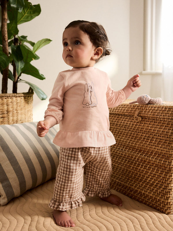 Pink/ Neutral Gingham Baby Long Sleeve Peplum Top and Trousers Set 2 Piece (0mths-2yrs)