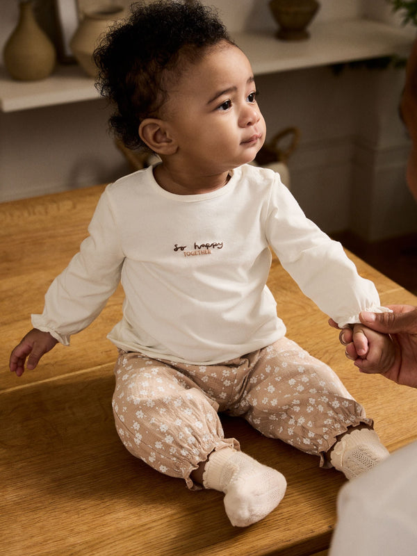 White/Brown Baby Long Sleeve Top and Trousers Set 2 Piece (0mths-2yrs)
