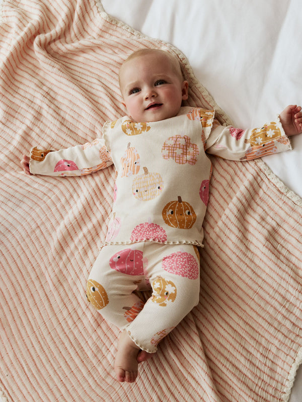 Cream/Pink Halloween Pumpkin Baby Top and Leggings 2 Piece Set (0mths-2yrs)