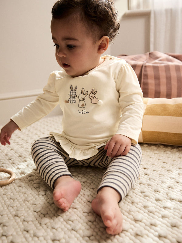 Cream Stripe Bunny Baby Long Sleeve Top and Leggings Set (0mths-2yrs)