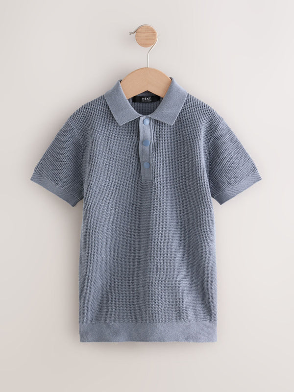 Blue 100% Cotton Short Sleeve Knitted Popper Polo Shirt (3-16yrs)
