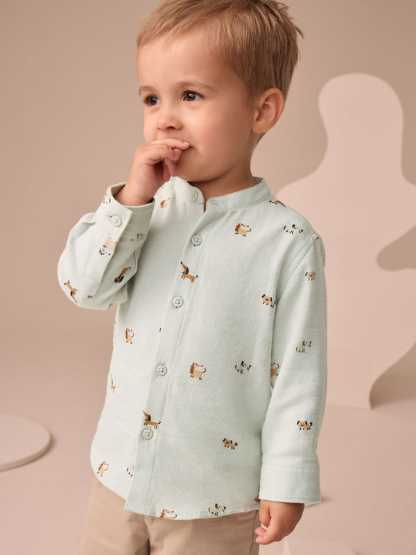 Mint Green Dog Long Sleeve Grandad Collar All-Over Print Character Shirt (3mths-7yrs)