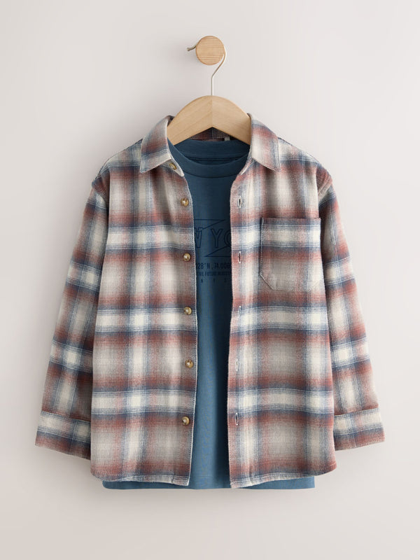 Rust Brown Long Sleeve Check Shirt and T-Shirt Set 2 Piece (3-16yrs)