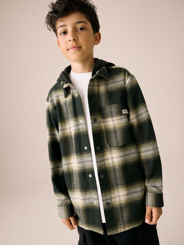Green/Black Long Sleeve Check Hooded Shirt (3-16yrs)