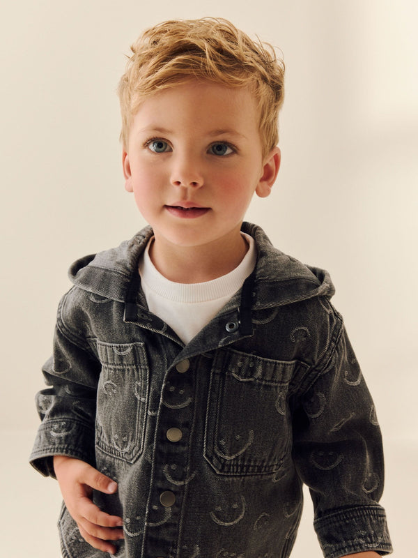 Grey Face AOP Denim Hooded Overshirt (3mths-7yrs)