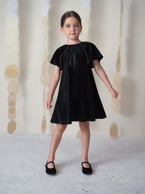 Black Foil Spot Velour Dress (3-16yrs)