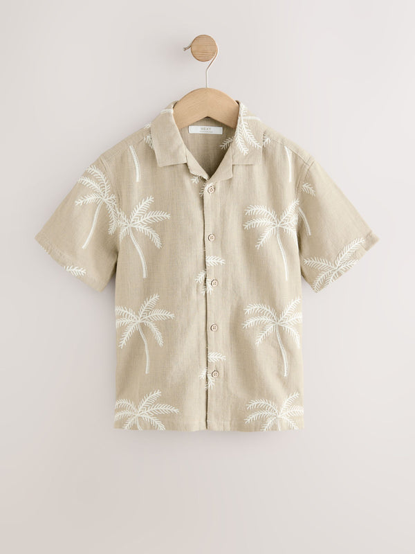 Light Stone Palm Tree Short Sleeves Revere Collar Palm Printed Shirt (3-16yrs)