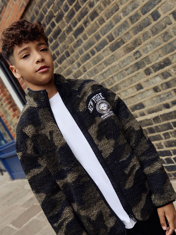Khaki Camo Borg Fleece Camo Bomber Shacket (3-16yrs)