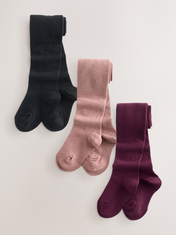 Plum Red Pink and Black 3 Pack Cotton Rich Tights