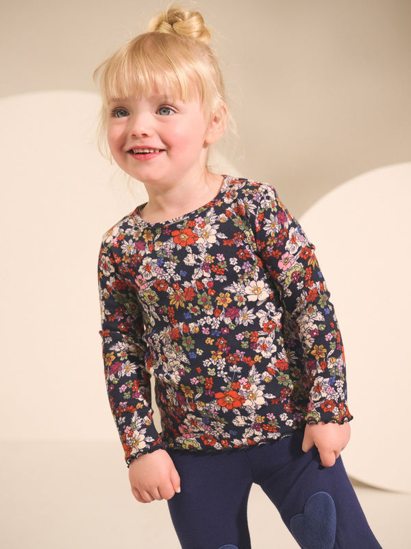 Navy Floral Rib Long Sleeve T-Shirt (3mths-7yrs)