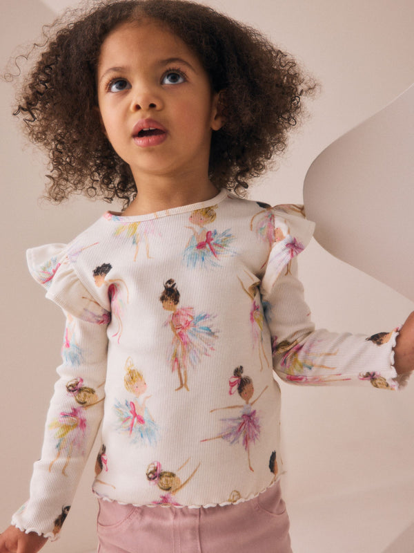 Ecru Ribbed Long Sleeve Frill T-Shirt (3mths-7yrs)