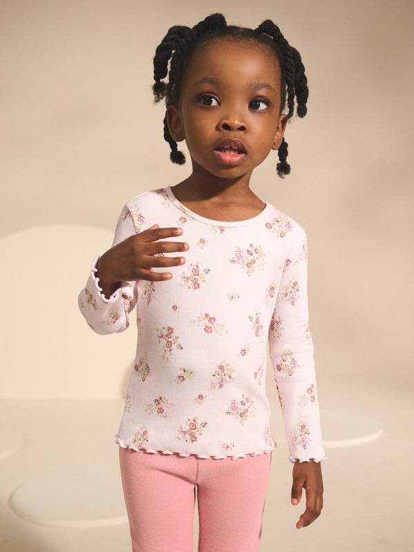 Ecru & Pink Ditsy Floral Rib Long Sleeve T-Shirt (3mths-7yrs)