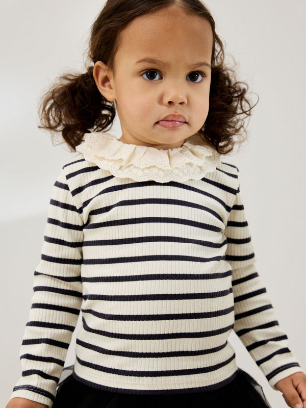 Black and White Stripe Long Sleeve Collar Top (3mths-7yrs)