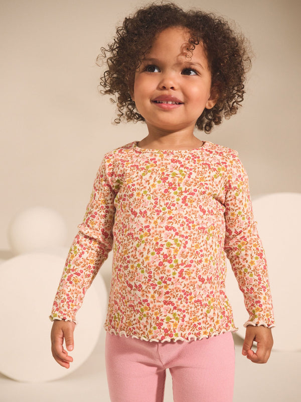 Orange Ditsy Floral Ribbed Long Sleeve Frill T-Shirt (3mths-7yrs)