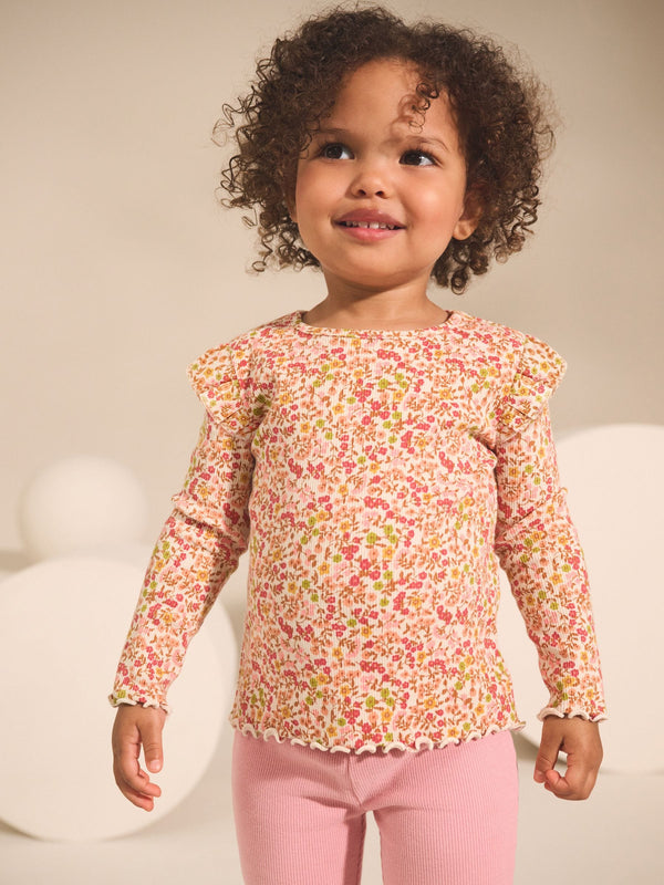 Orange Ditsy Floral Ribbed Long Sleeve Frill T-Shirt (3mths-7yrs)