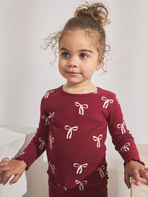 Burgundy Red Bow Rib Long Sleeve T-Shirt (3mths-7yrs)