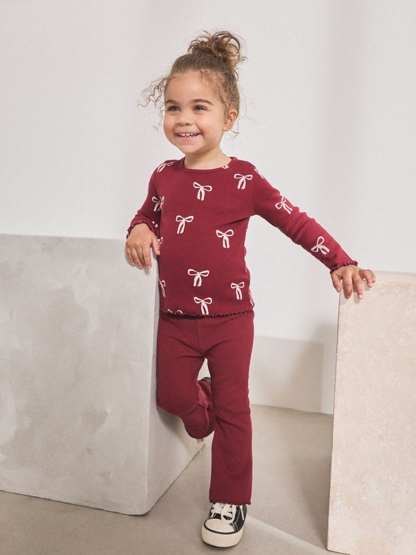 Burgundy Red Bow Rib Long Sleeve T-Shirt (3mths-7yrs)