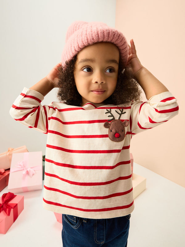 Red Stripe Reindeer and Santa Print Appliqué Long Sleeve Top (3mths-7yrs)