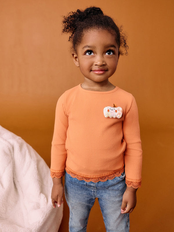 Orange Padded Pumpkin Long Sleeve Ribbed T-Shirt (3mths-7yrs)