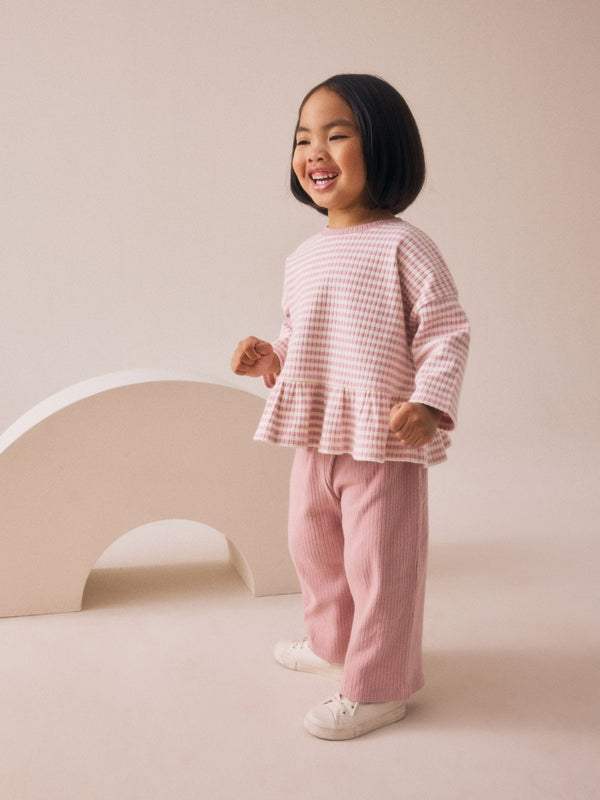 Pink Ribbed Long Sleeve Top and Wide Leg Trousers Set (3mths-7yrs)