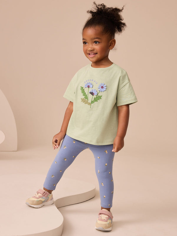 Green Flower Short Sleeve T-Shirt and Leggings Set (3mths-7yrs)