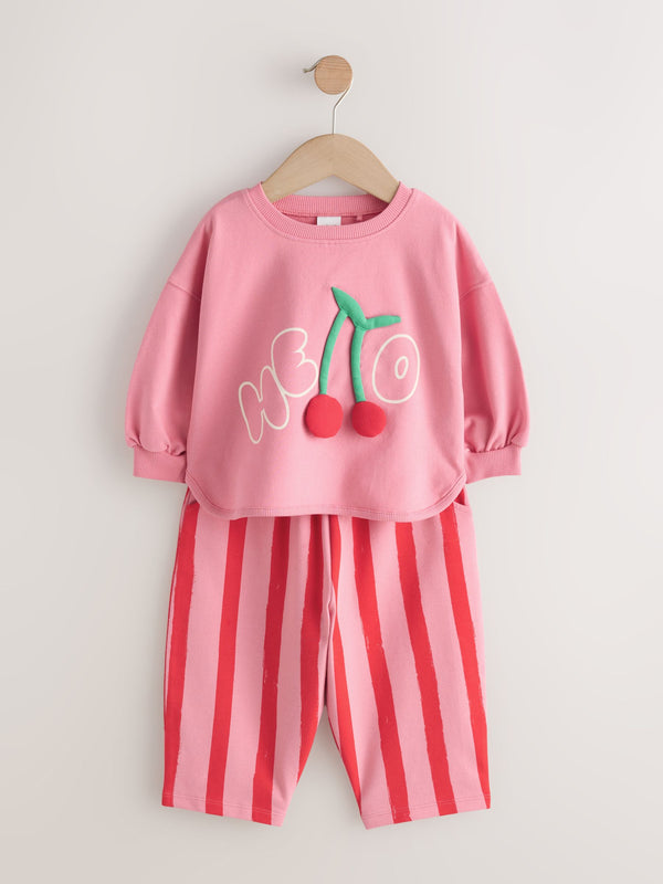 Pink Padded Cherry Long Sleeve Top and Barrel Trousers Set (3mths-7yrs)