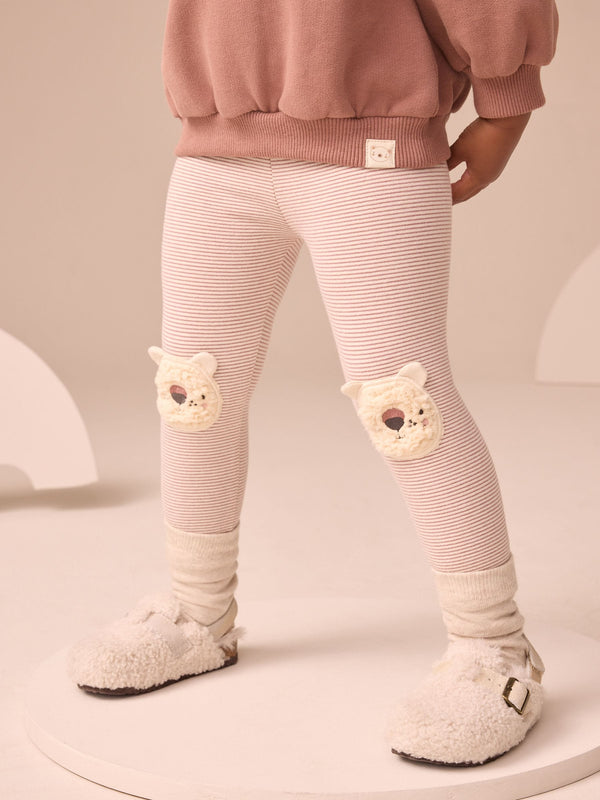 Ecru Stripe Bear Knee Embellished Leggings (3mths-7yrs)