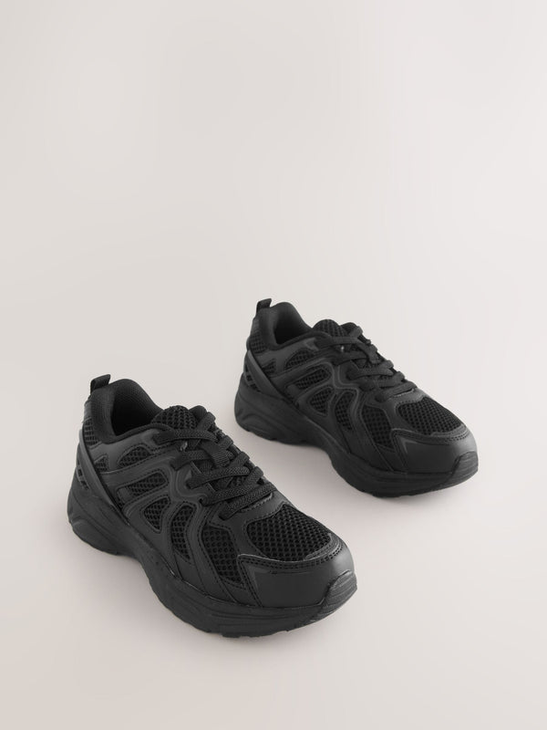 Black Mesh Lace Up School Trainers