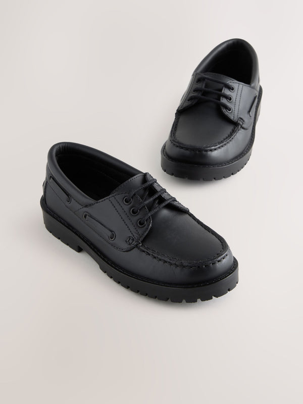 Black Slip-On Leather School Boat Shoes