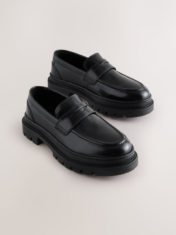 Black Slip-On Leather School Loafers