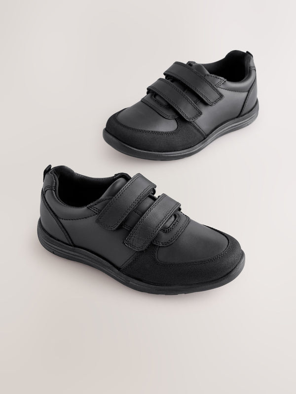 Black Wide Fit (G) Leather 2 Strap Touch Fastening School Shoes