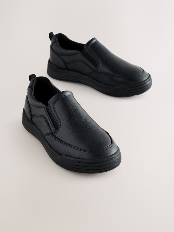 Black Leather Slip On School Loafers