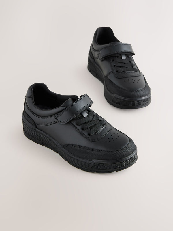 Black Leather 1 Strap Elastic Lace School Shoes
