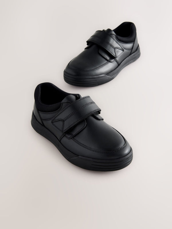 Black Leather 1 Strap Touch Fastening School Shoes