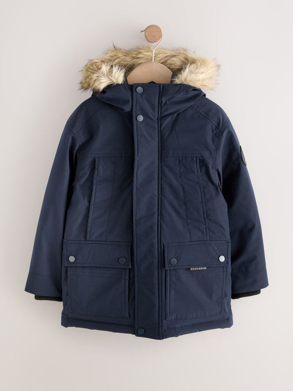 Navy Heavyweight Shower Resistant Faux Fur Trim Parka Coat (3-16yrs)