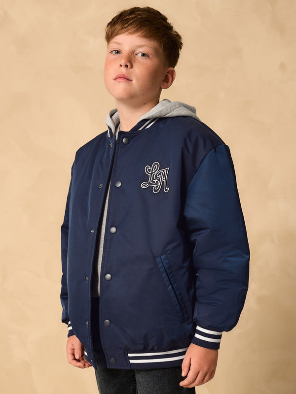 Navy Hooded Varsity Bomber Jacket (3-16yrs)