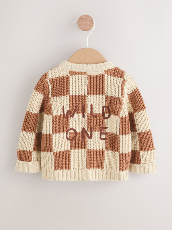 Natural Checkerboard Baby Knitted Cardigan (0mths-2yrs)