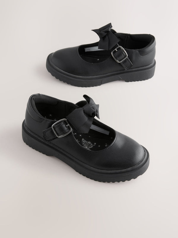 Black Wide Fit (G) Bow Chunky Mary Jane School Shoes