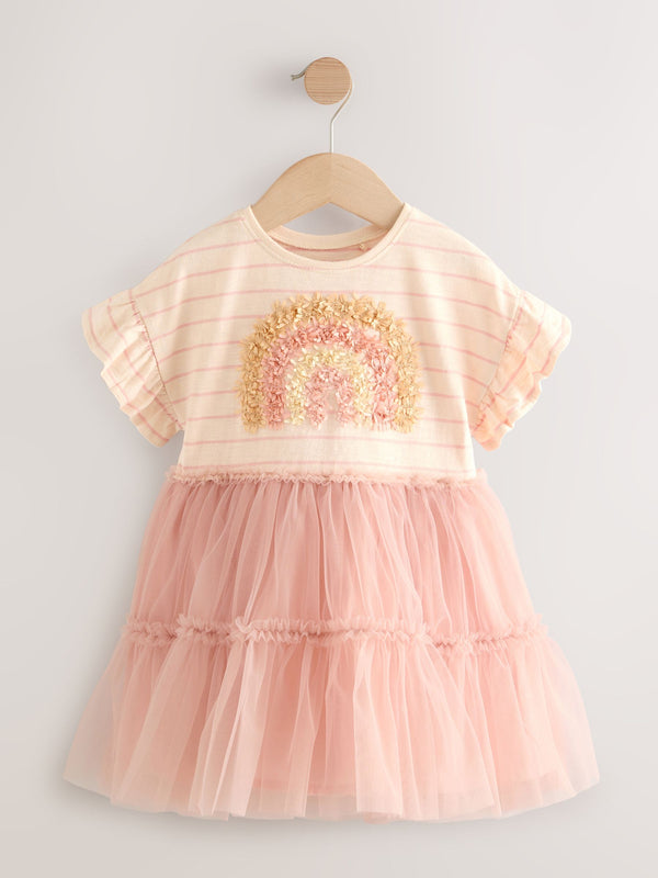 Pink Rainbow Short Sleeve Mesh Party Dress (3mths-7yrs)