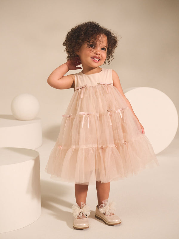 Blush Pink Sleeveless Bow Mesh Party Dress (3mths-7yrs)