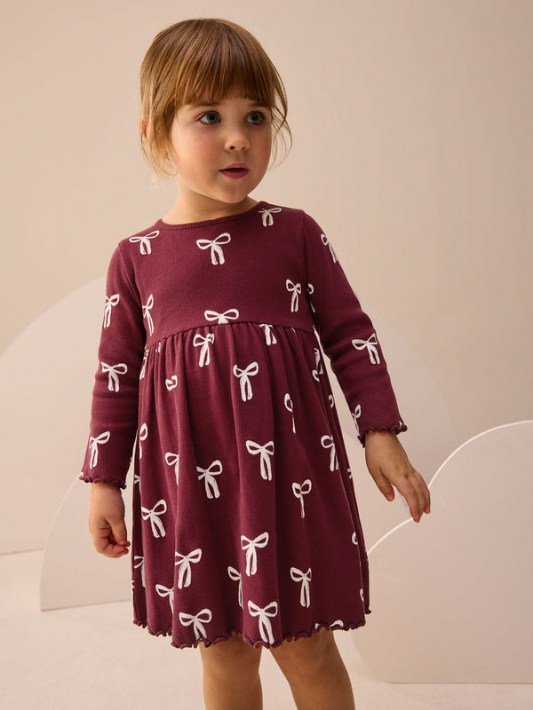 Burgundy Long Sleeve Ribbed Dress (3mths-7yrs)