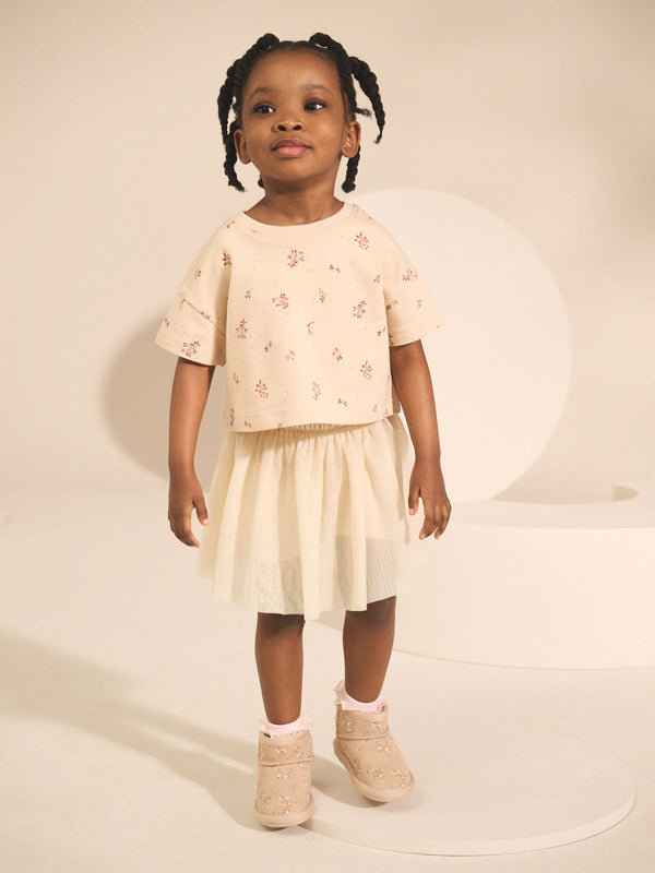 Cream Floral Print Short Sleeve Top and Skirt Set (3mths-7yrs)