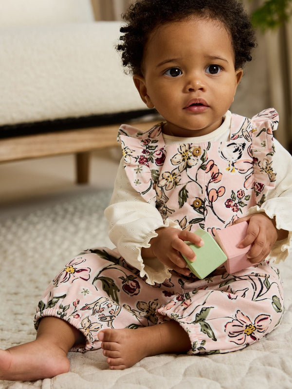 Pink Floral Print Long Sleeve Bodysuit and Cord Dungarees Baby 2 Piece Set (0mths-2yrs)