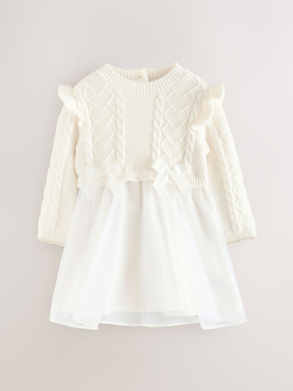 Baker by Ted Baker Cream Knitted Bow Detail Mesh Mockable Dress