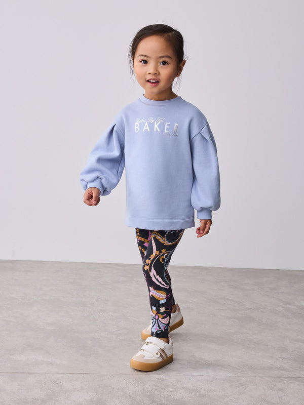 Baker by Ted Baker 2 Piece Navy/Purple Pleated Sweatshirt and Printed Leggings Set