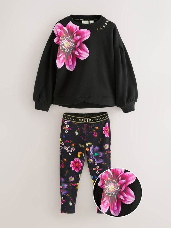 Baker by Ted Baker Flower Print Black Sweatshirt and Leggings Set 2 Piece