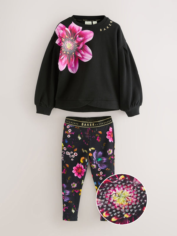 Baker by Ted Baker Flower Print Black Sweat Top and Leggings Set 2 Piece