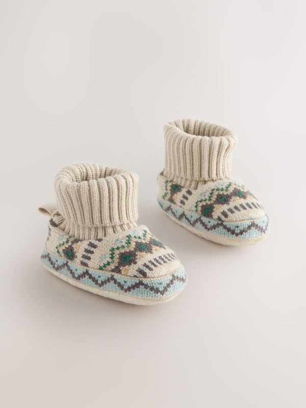 Neutral/Blue Fairisle Baby Sock Top Boot Shoes (0-2mths)