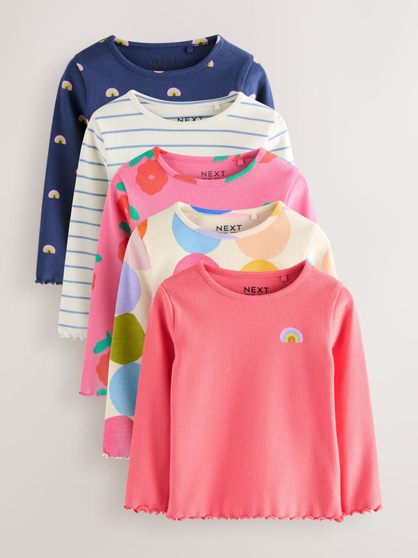 Rainbow Spot Long Sleeve Rib Tops 5 Pack (3mths-7yrs)