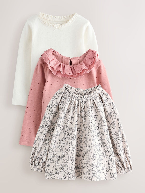 Pink/Neutral Long Sleeve Pointelle Tops 3 Pack (3mths-7yrs)